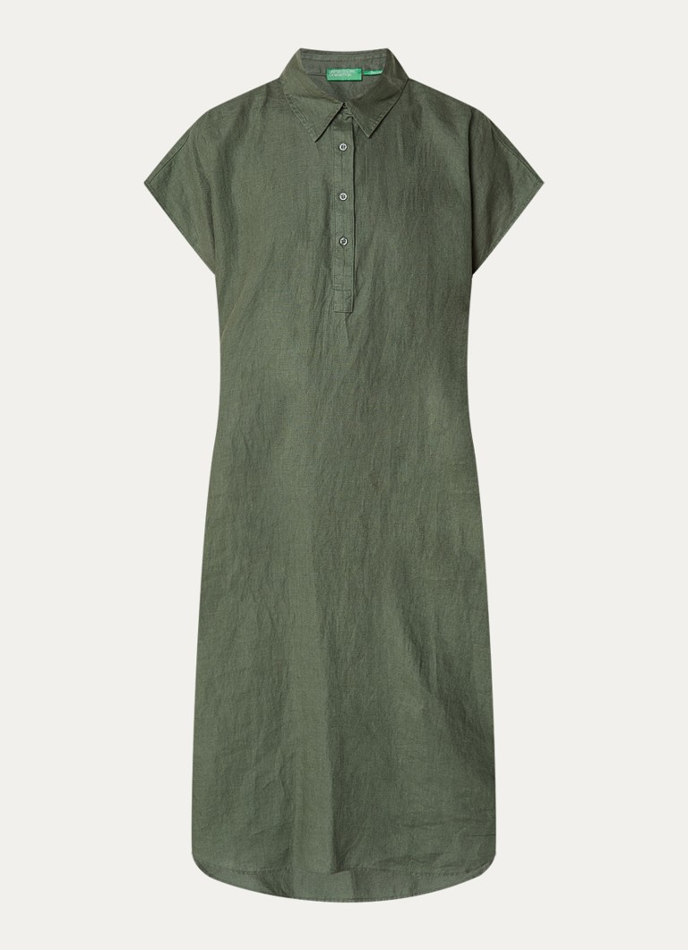 Benetton Dames Midi jurk van linnen met steekzakken in de kleur Legergroen