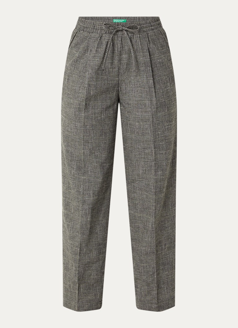 Benetton Dames High waist tapered fit pantalon in linnenblend met ruitdessin in de kleur Grijs