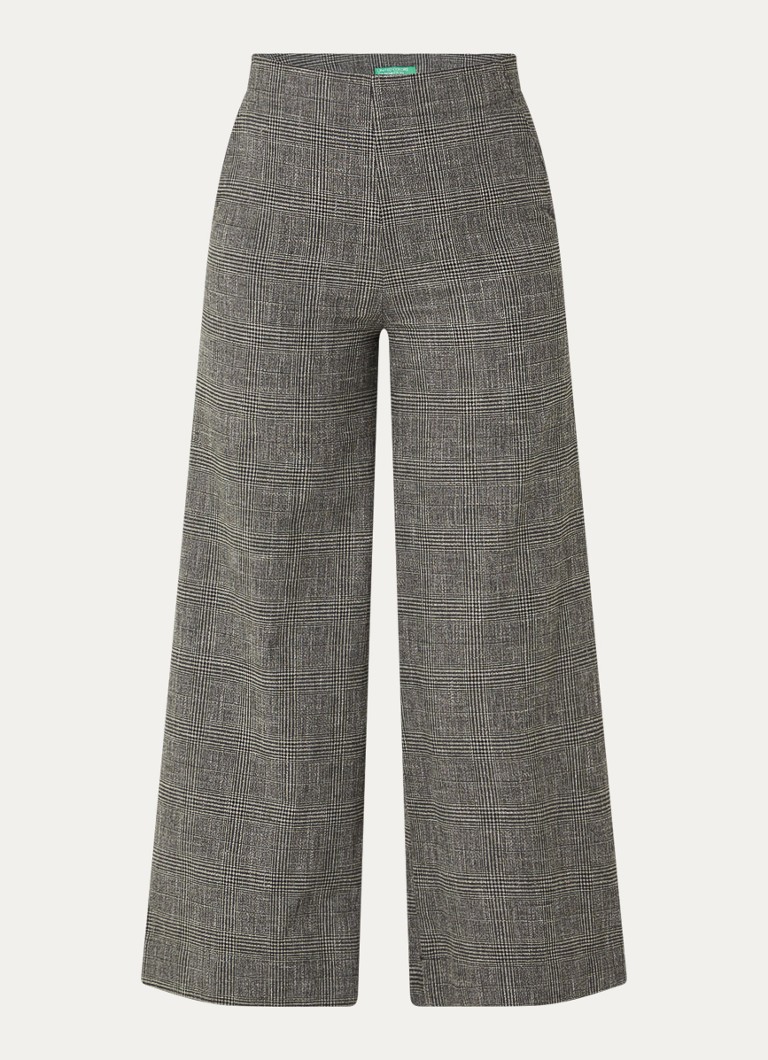 Benetton Dames High waist straight fit pantalon in linnenblend met ruitdessin in de kleur Grijs