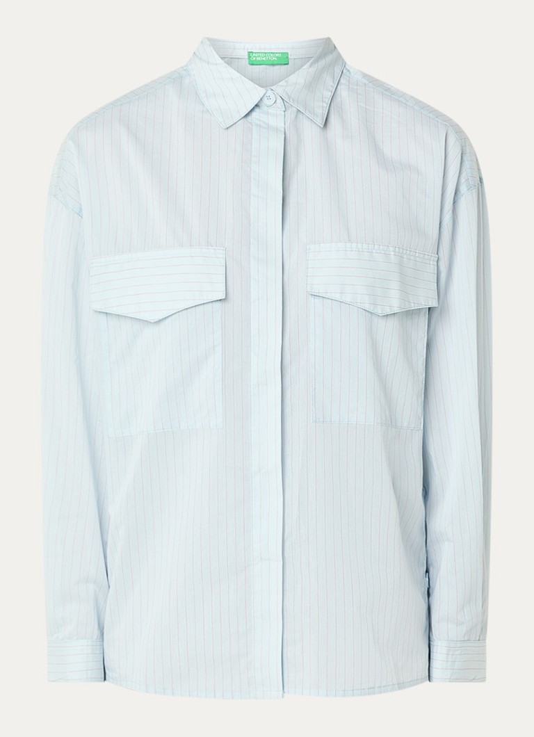 Benetton Dames Blouse met streepprint en klepzakken in de kleur Lichtblauw