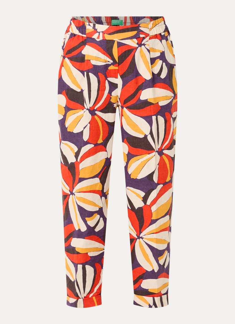 Benetton Dames High waist tapered fit joggingbroek van linnen met print in de kleur Oranje