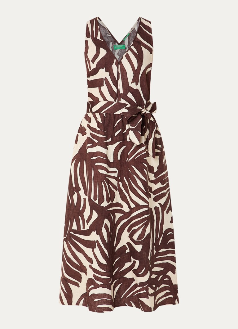 Benetton Dames Midi jurk met strikceintuur en print in de kleur Bruin