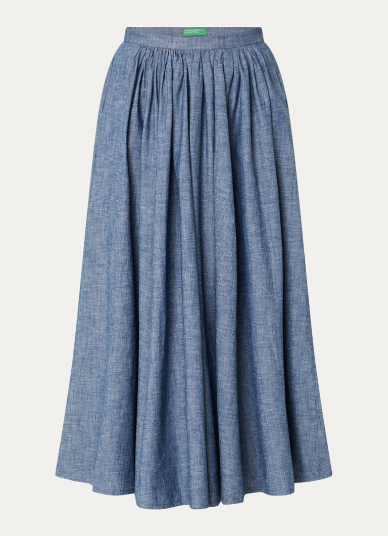 Benetton Dames Midi plooirok van chambray met steekzakken in de kleur Indigo
