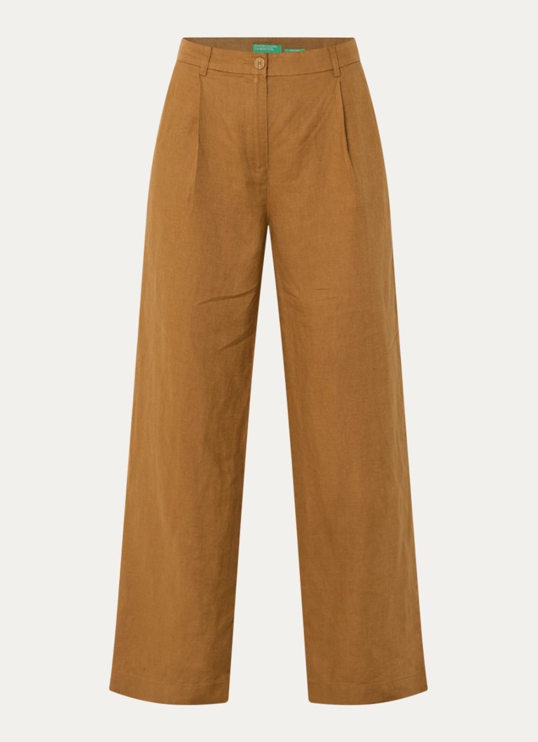 Benetton Dames High waist wide fit chino van linnen met steekzakken in de kleur Camel