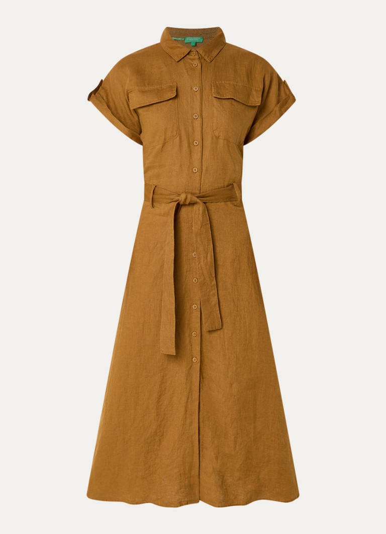 Benetton Dames Midi blouse jurk van linnen met strikceintuur in de kleur Camel