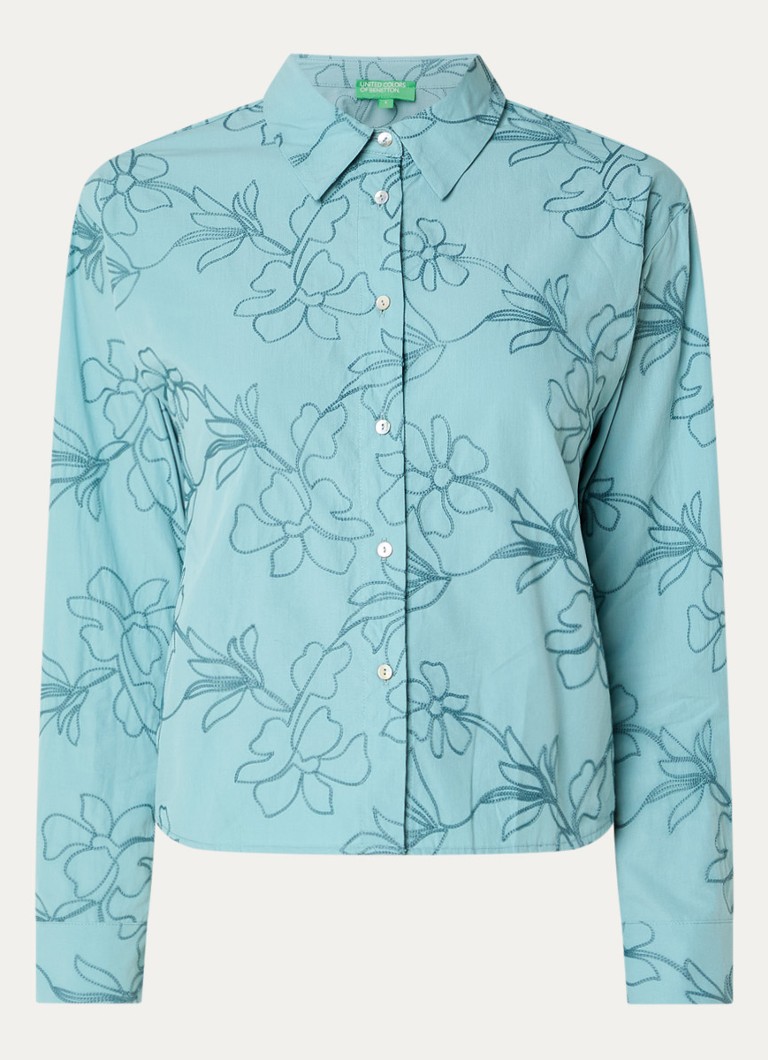 Benetton Dames Blouse met broderie en kraag in de kleur Zeegroen