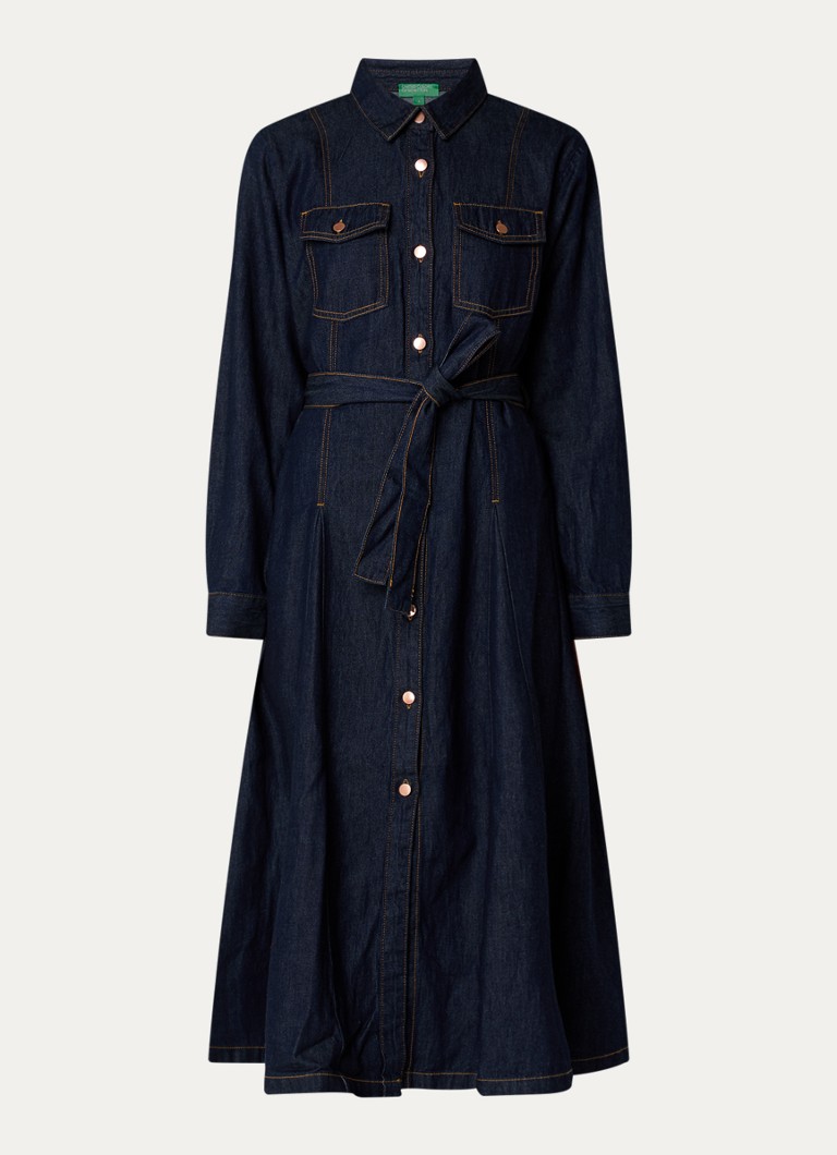 Benetton Dames Midi blousejurk van denim met strikceintuur in de kleur Indigo