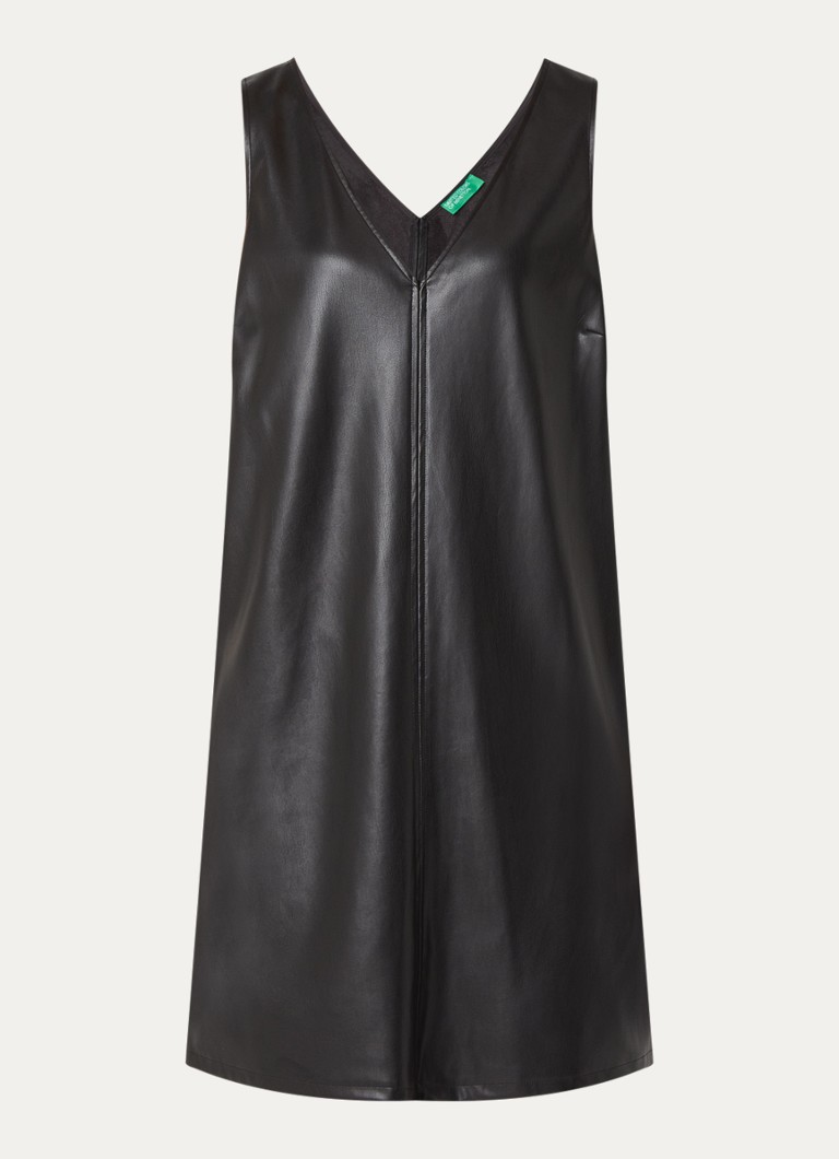 Benetton Dames Midi jurk van imitatieleer met V-hals in de kleur Zwart