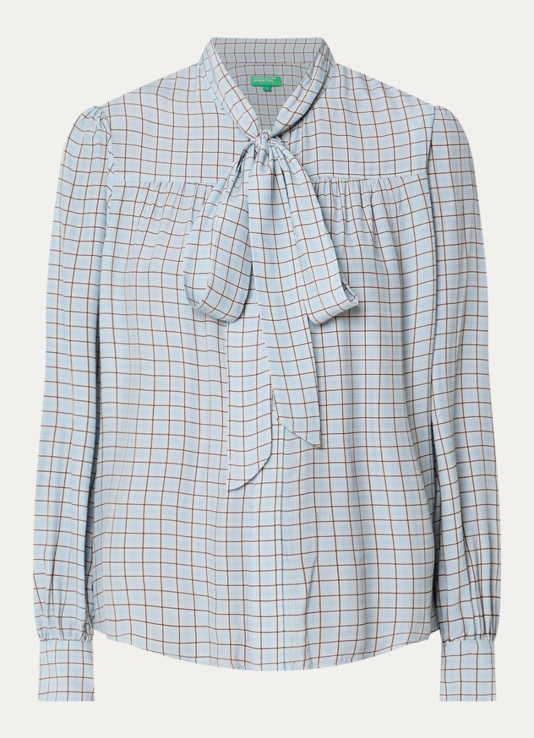 Benetton Dames Blouse met ruitdessin en sjaalkraag in de kleur Lichtblauw