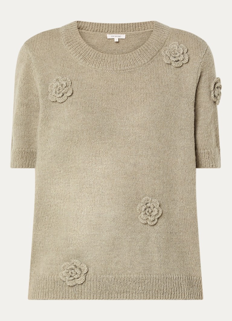 Expresso Dames Grofgebreide trui in alpaca wolblend met applicatie in de kleur Mosgroen