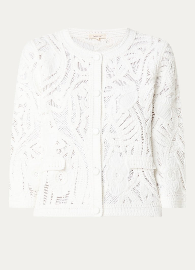 Expresso Dames Grofgebreid vest met borduring in de kleur Wit
