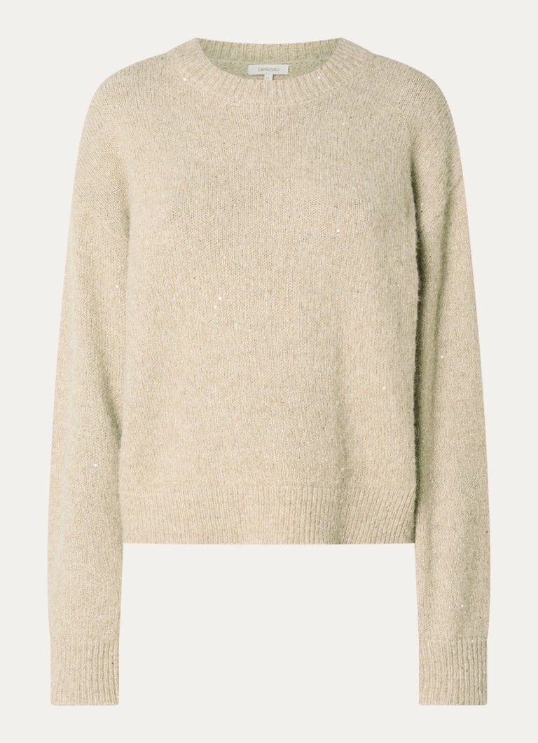 Expresso Dames Grofgebreide trui in wolblend met strass in de kleur Beige
