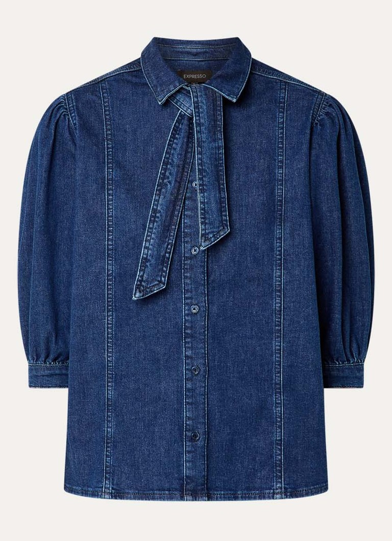 Expresso Dames Blouse van denim met sjaalkraag in de kleur Indigo