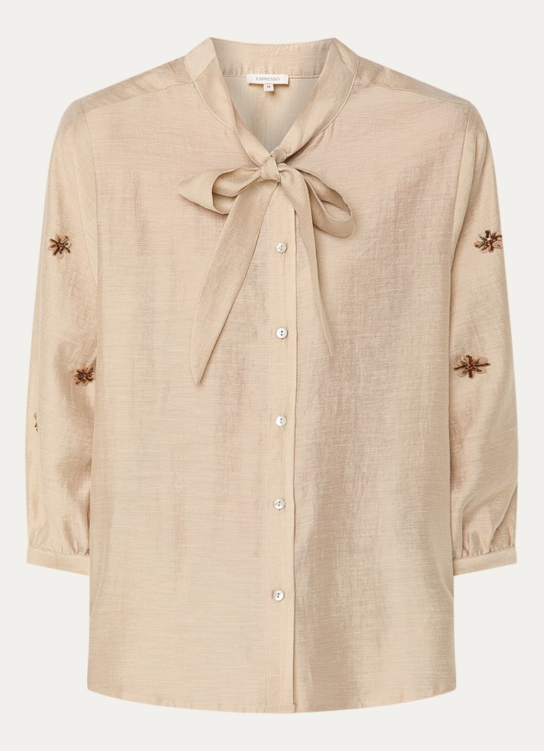 Expresso Dames Blouse in linnenblend met sjaalkraag met applicatie in de kleur Beige