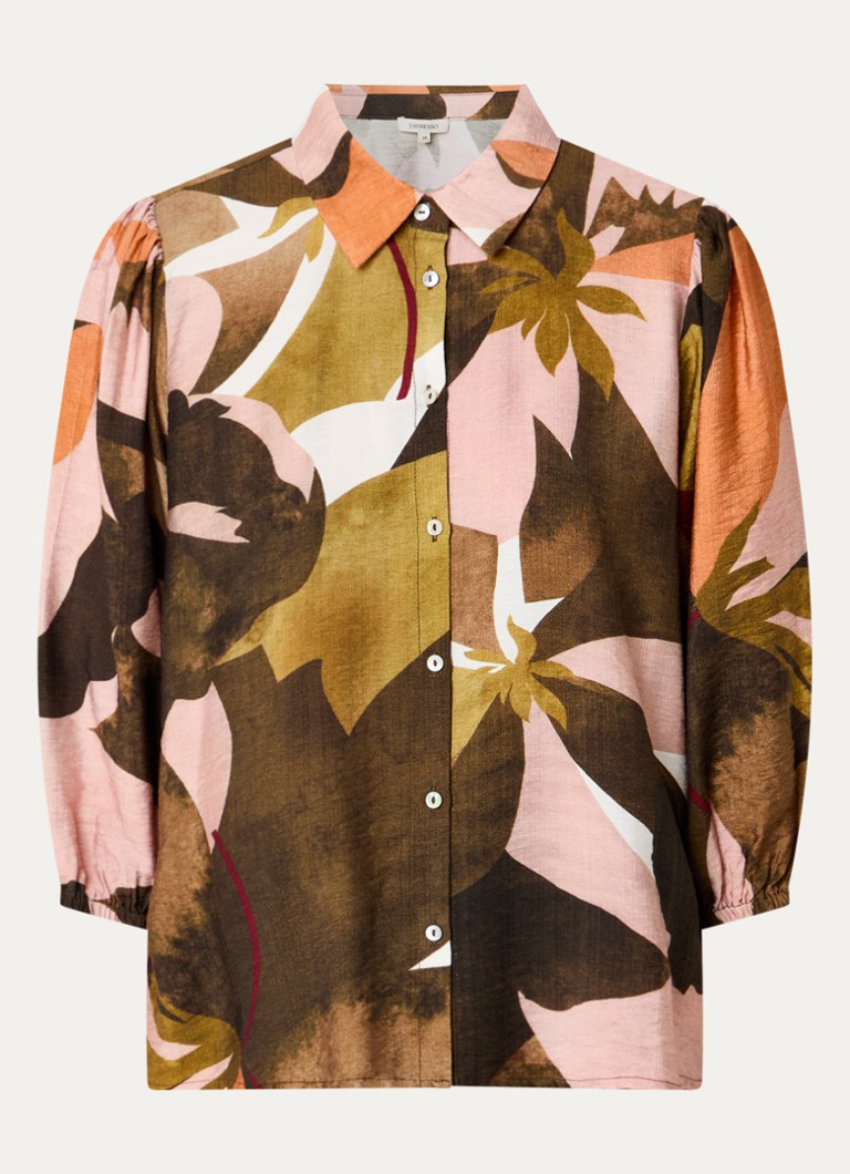 Expresso Dames Blouse met grafisch bloemdessin in de kleur Roestbruin