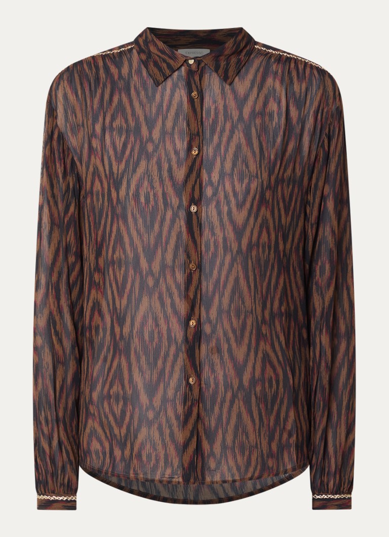 Expresso Dames Semi-transparante blouse met grafische print in de kleur Bruin