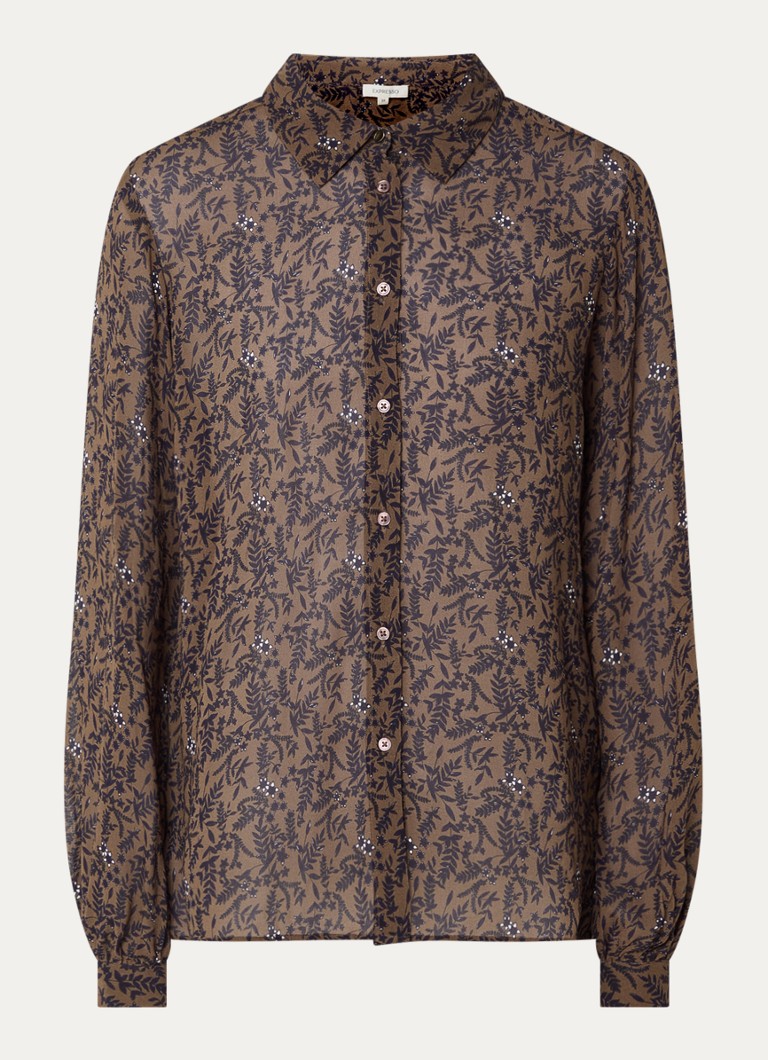 Expresso Dames Semi-transparante blouse met bladprint in de kleur Bruin