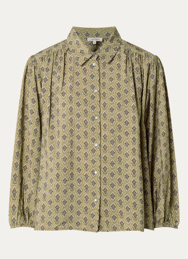 Expresso Dames Blouse met grafisch dessin en ballonmouw in de kleur Olijfgroen