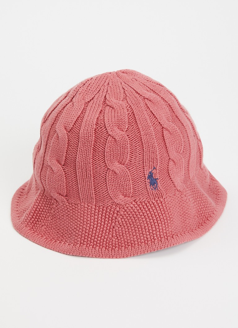 Ralph Lauren Meisjes Kabelgebreide bucket hoed met logoborduring in de kleur Koraalroze, maat: S/M=140