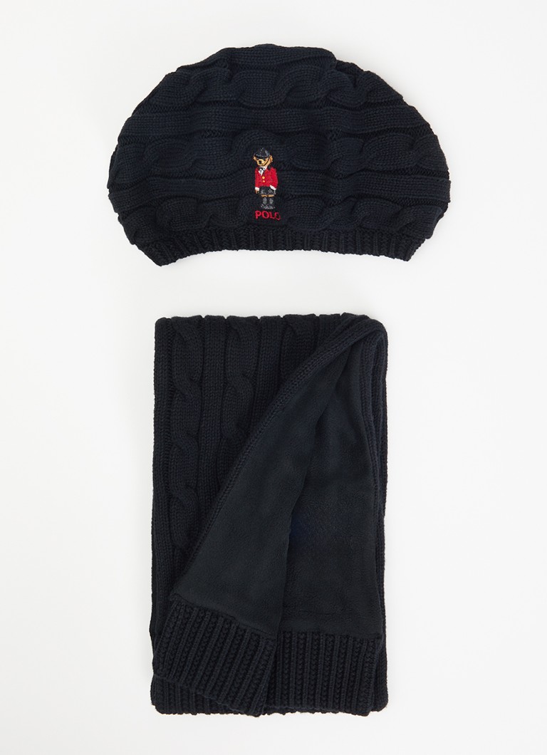 Ralph Lauren Jongens Fijngebreide muts en sjaal van wol in giftbox in de kleur Zwart, maat: S/M=140