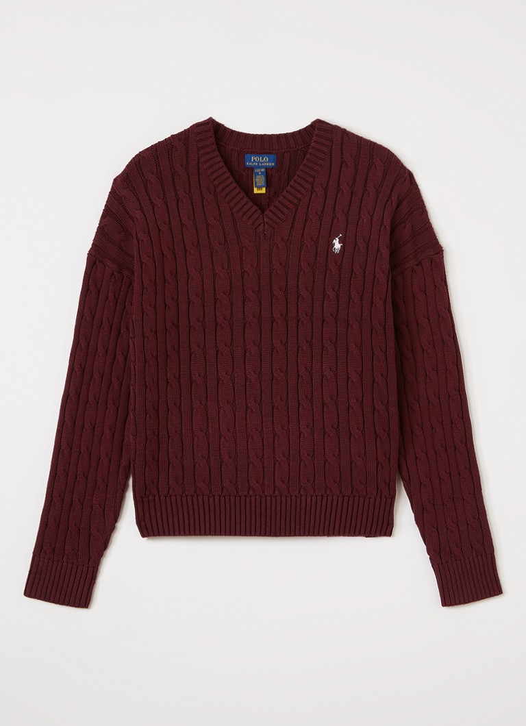 Ralph Lauren Meisjes Kabelgebreide trui met logoborduring in de kleur Bordeauxrood, maat: M=140