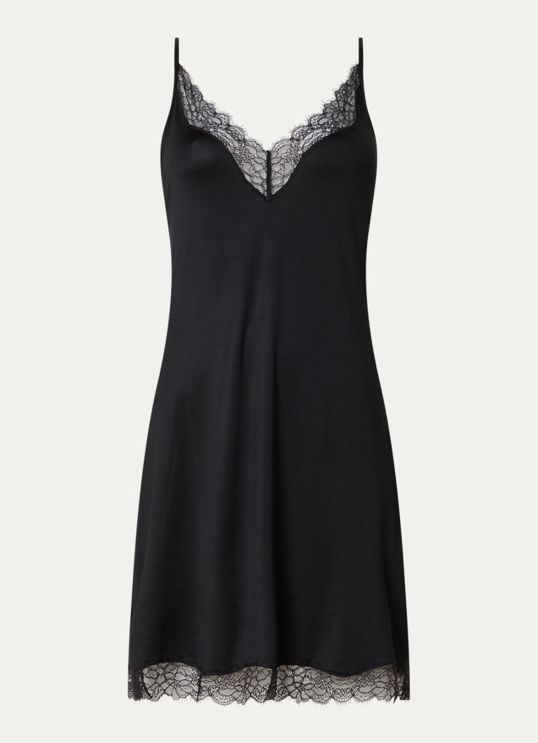 Mey Dames Slipdress van satijn met kant in de kleur Zwart, maat: XS