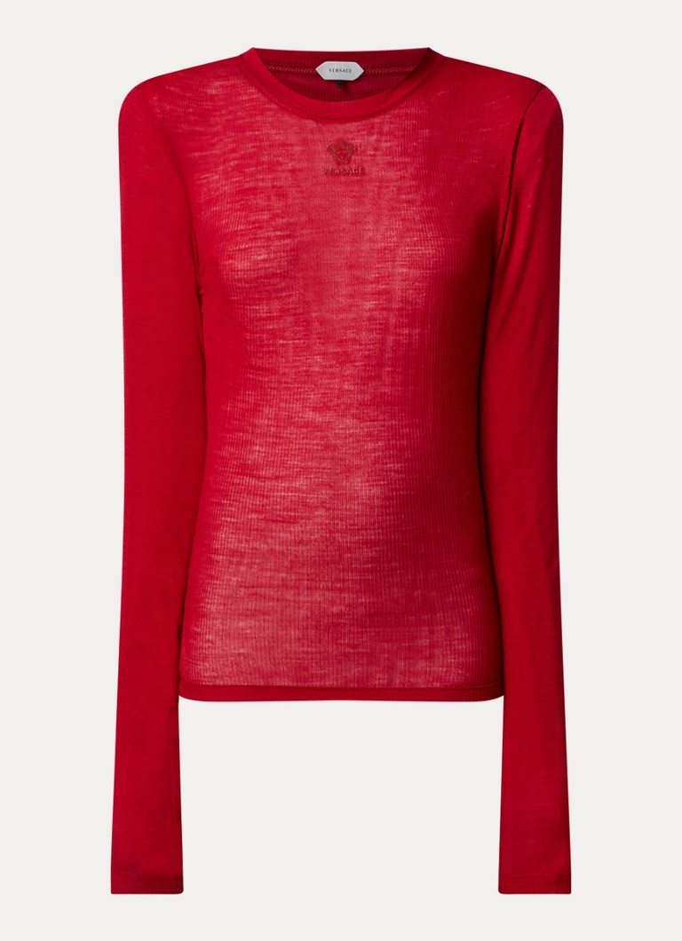 Versace Dames Fijngebreide top van scheerwol met ribstructuur en logoborduring in de kleur Rood, maat: 42