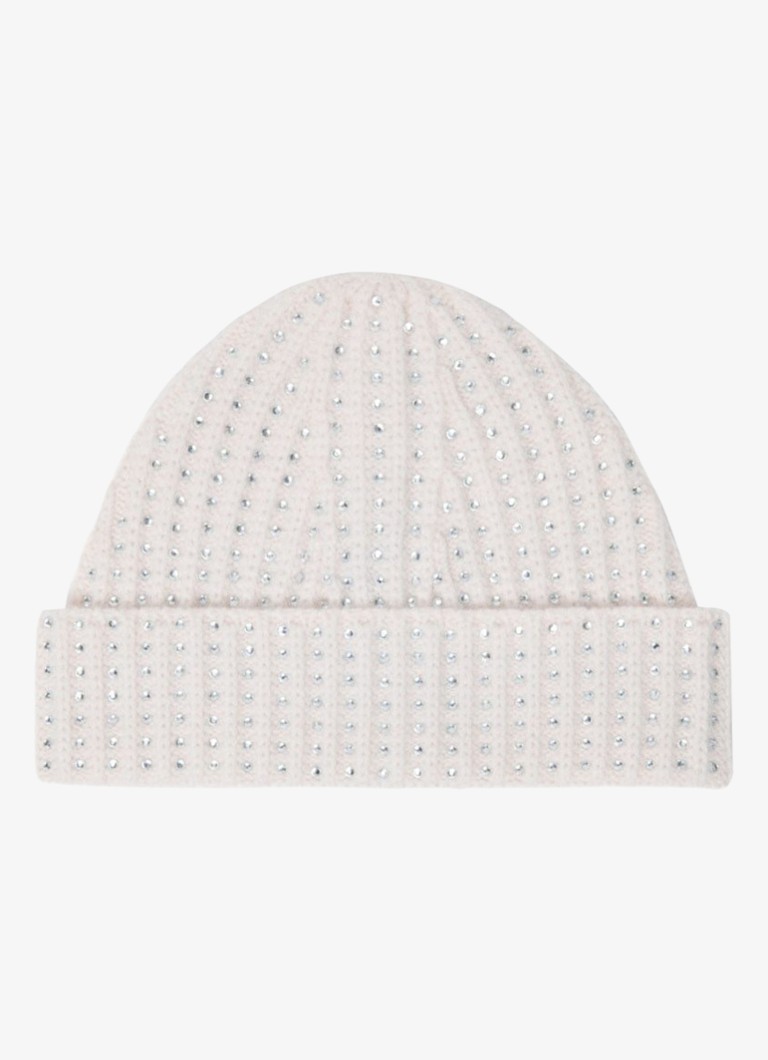 Maje Dames Fijngebreide muts van wol met studs in de kleur Beige