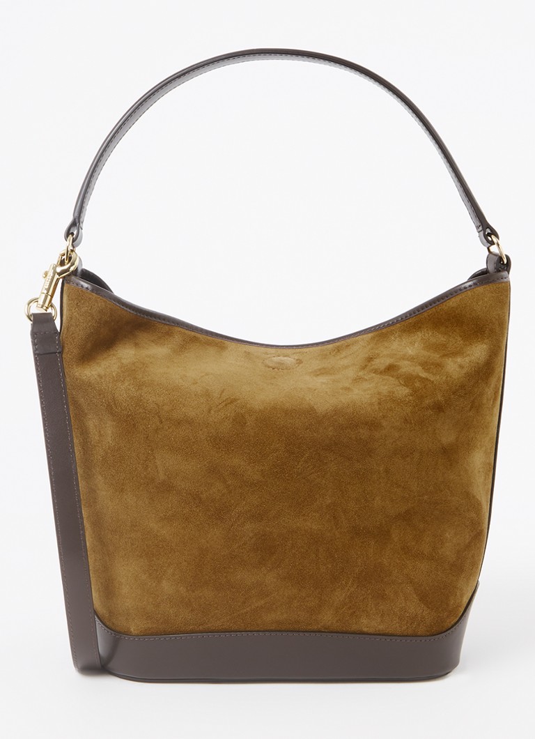 Sandro Dames Schoudertas van kalfssuède met leren details in de kleur Khaki