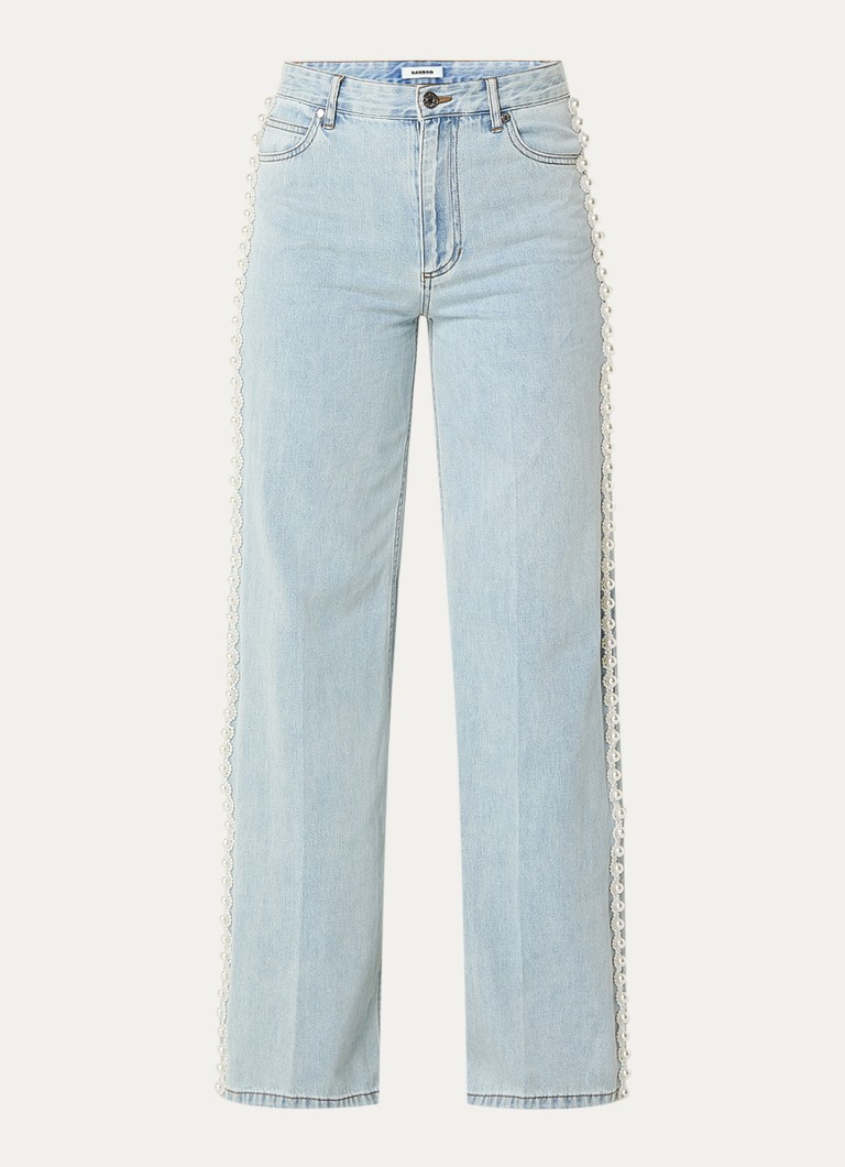 Sandro Dames High waist wide leg jeans met lichte wassing en imitatieparels in de kleur Indigo