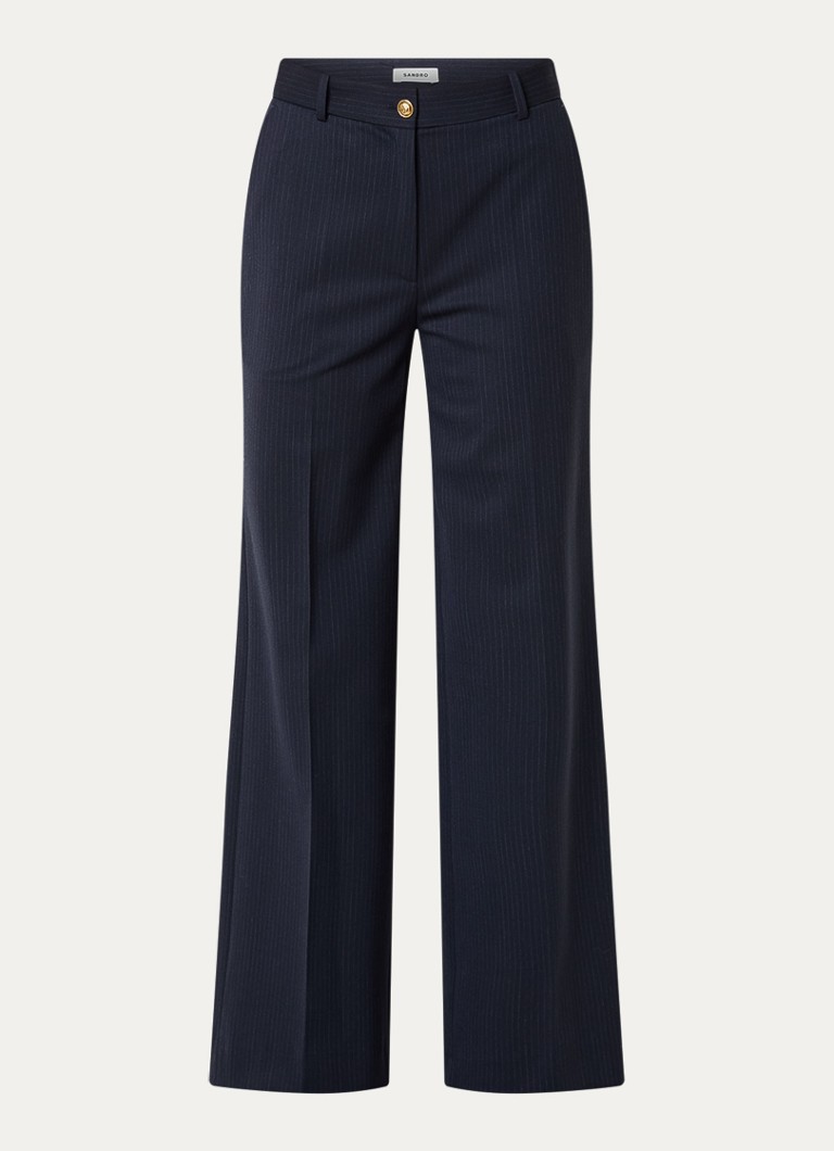 Sandro Dames Mid waist loose fit pantalon in wolblend met streepprint in de kleur Donkerblauw
