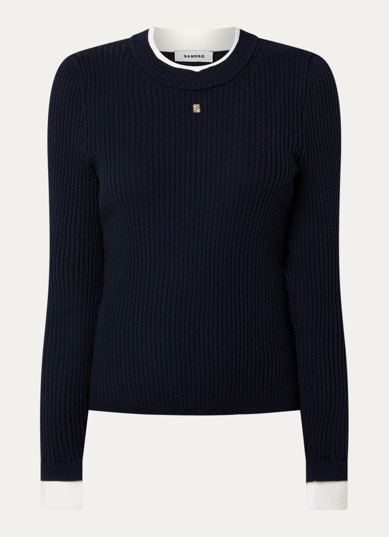 Sandro Dames Ribgebreide top met ronde hals in de kleur Donkerblauw