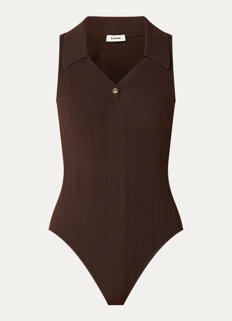 Sandro Dames Body top met ribstructuur in de kleur Donkerbruin