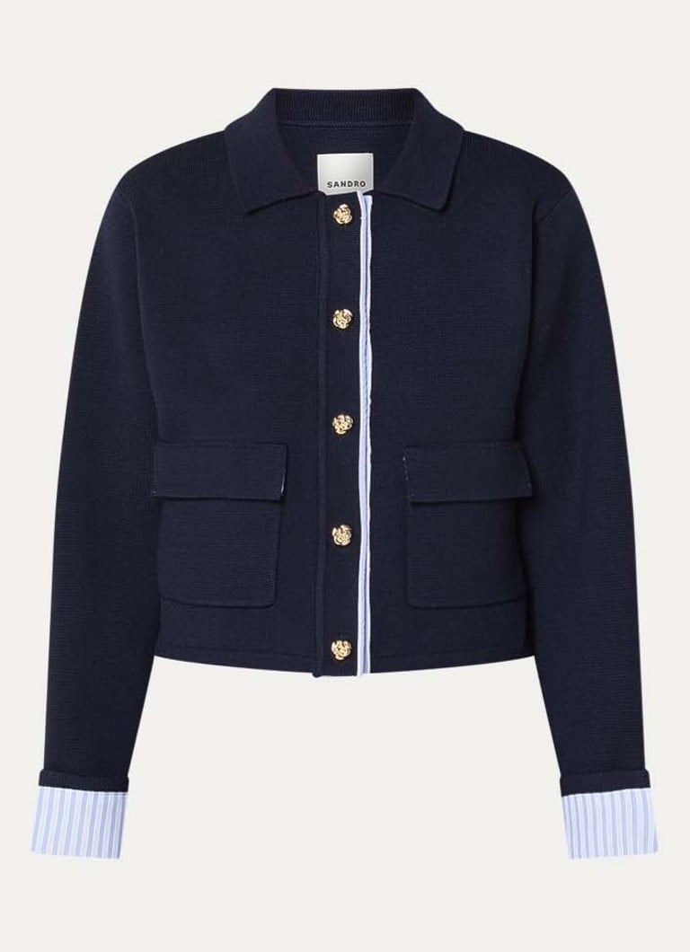 Sandro Dames Fijngebreid cropped vest in wolblend met klepzakken in de kleur Donkerblauw