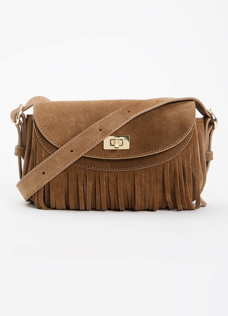 Sandro Dames Schoudertas van suède met franjes in de kleur Camel