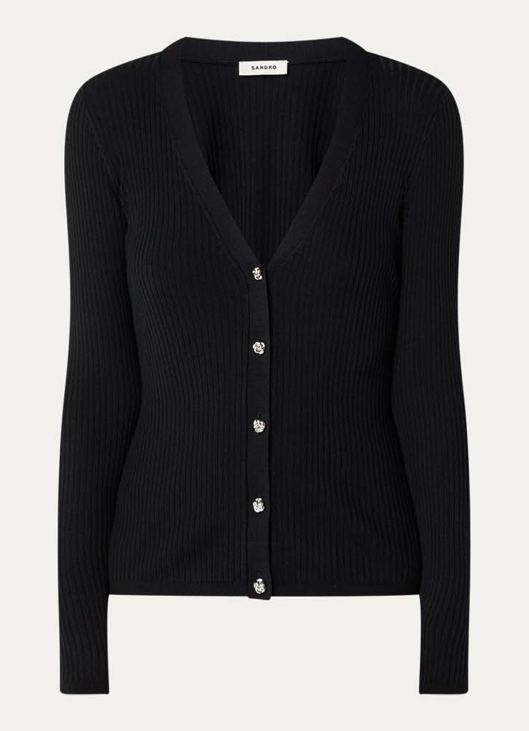 Sandro Dames Ribgebreide top in zijdeblend met V-hals in de kleur Zwart
