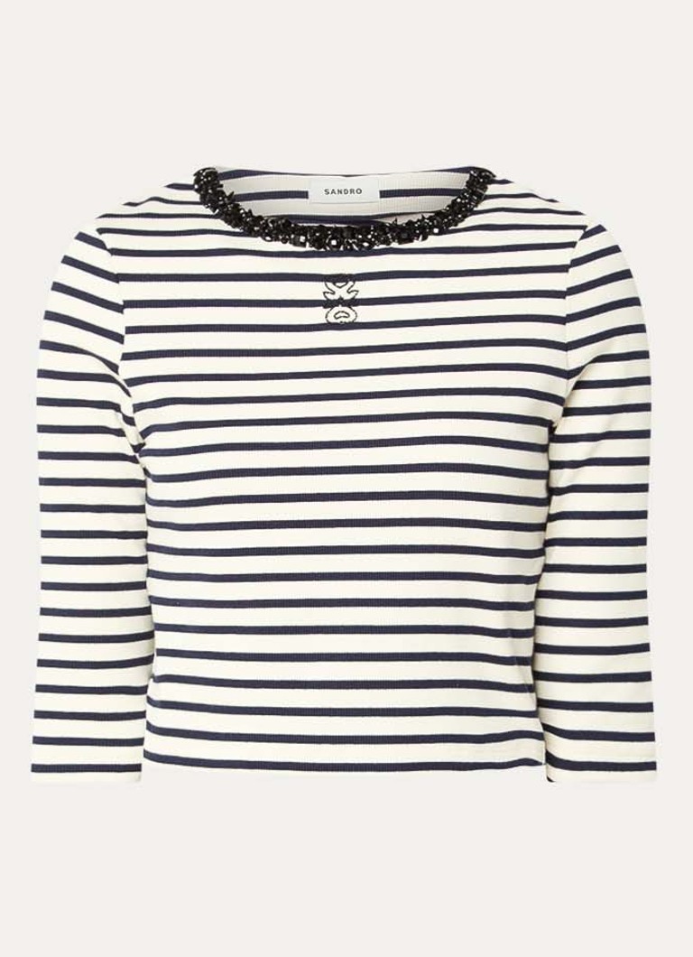 Sandro Dames Crop top met ribstructuur en kralendecoratie in de kleur Donkerblauw