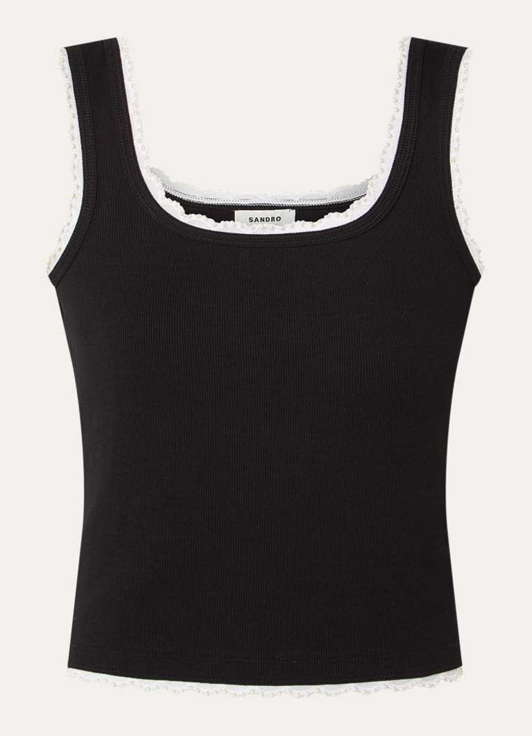 Sandro Dames Fijngebreide tanktop met details van kant in de kleur Zwart