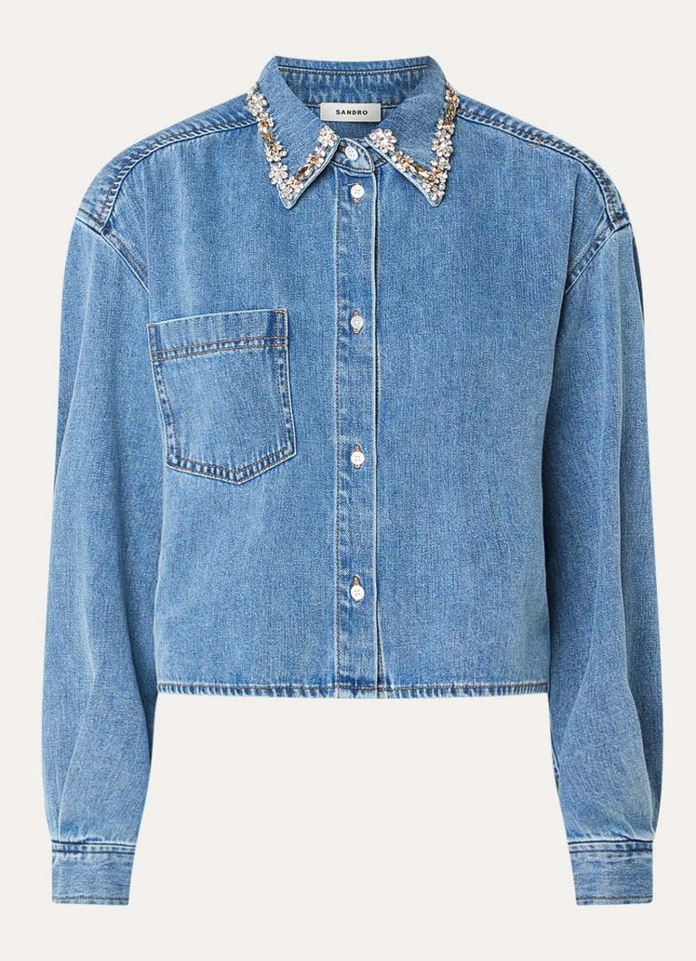 Sandro Dames Cropped blouse van denim met strass in de kleur Blauw