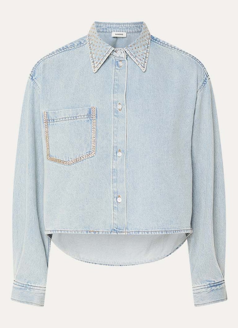 Sandro Dames Blouse van denim met borstzak en strass in de kleur Indigo