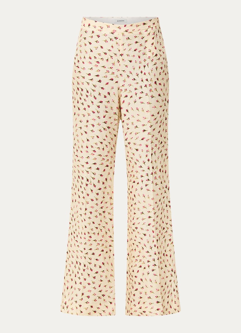 Sandro Dames High waist flared fit pantalon in linnenblend met bloemenprint in de kleur Lichtgeel