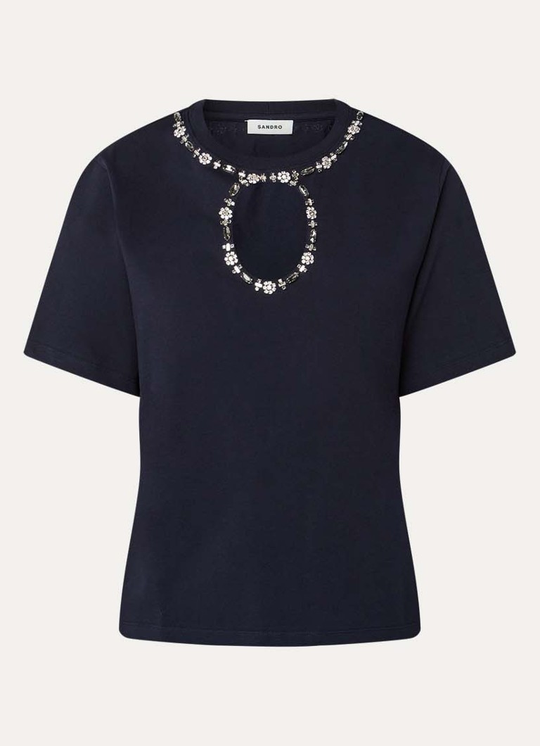 Sandro Dames T-shirt met cut-out detail en strass in de kleur Donkerblauw