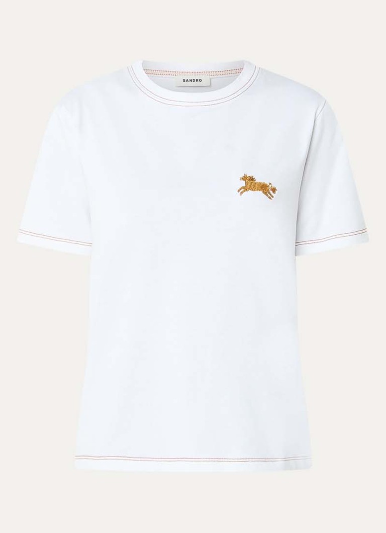 Sandro Dames T-shirt met pailletten en siernaad in de kleur Wit