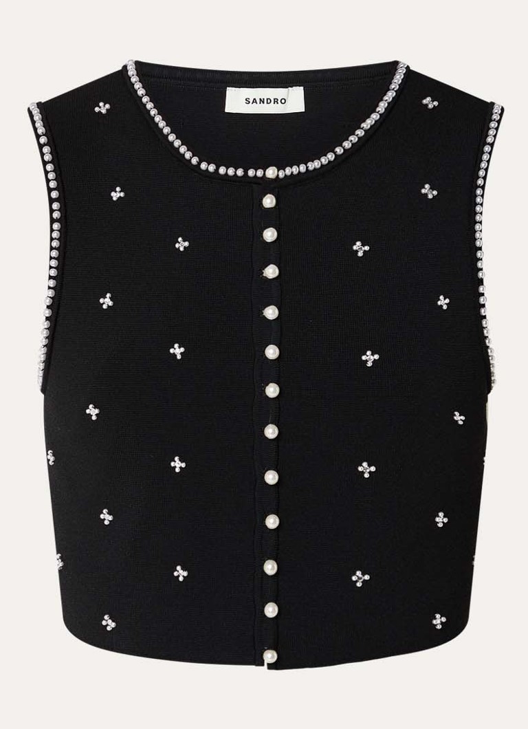 Sandro Dames Fijngebreide crop top met imitatieparels in de kleur Zwart