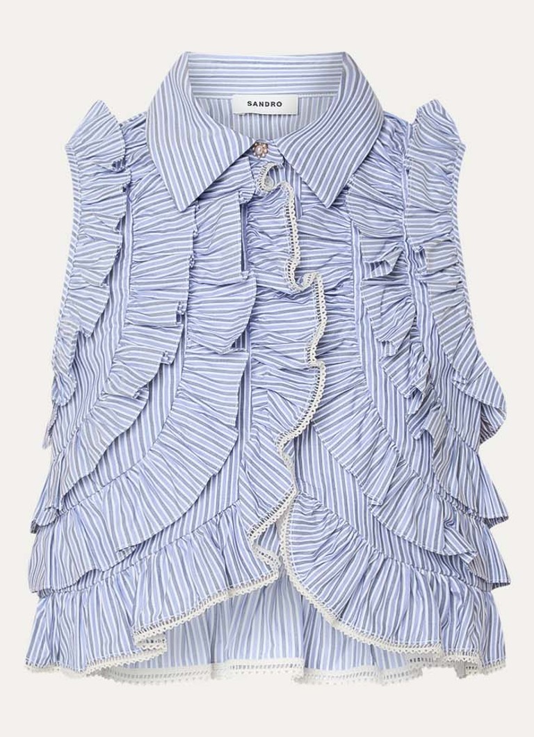 Sandro Dames Cropped blouse met streepprint en volant in de kleur Blauw