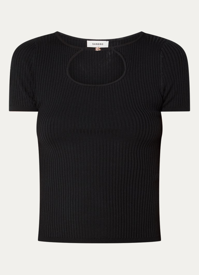 Sandro Dames Ribgebreide top in zijdeblend met cut-out detail in de kleur Zwart