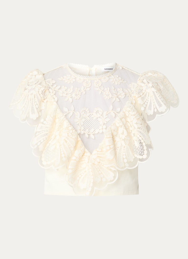 Sandro Dames Crop top met broderie en opstaande kraag in de kleur Gebroken wit