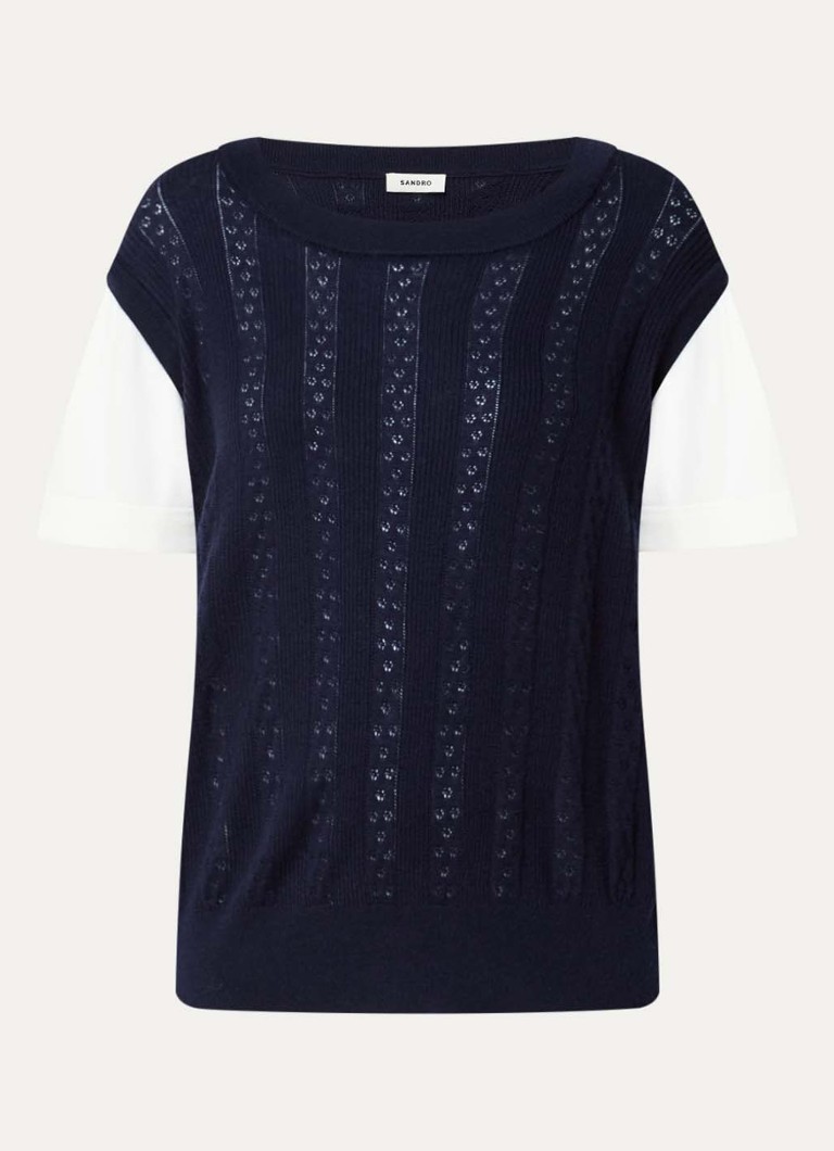 Sandro Dames Fijngebreide top van wol met opengewerkt dessin in de kleur Donkerblauw