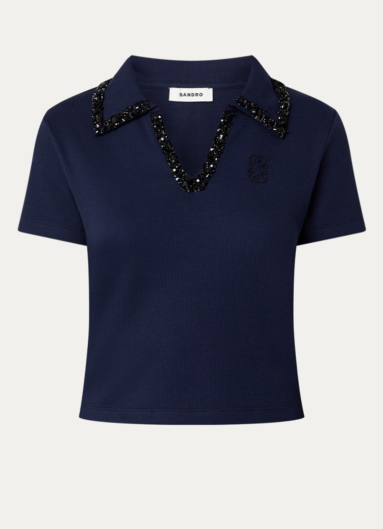 Sandro Dames Cropped polo met strass en logo in de kleur Donkerblauw