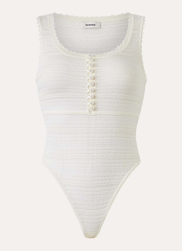 Sandro Dames Body top in wolblend met imitatieparels en ingebreid patroon in de kleur Creme